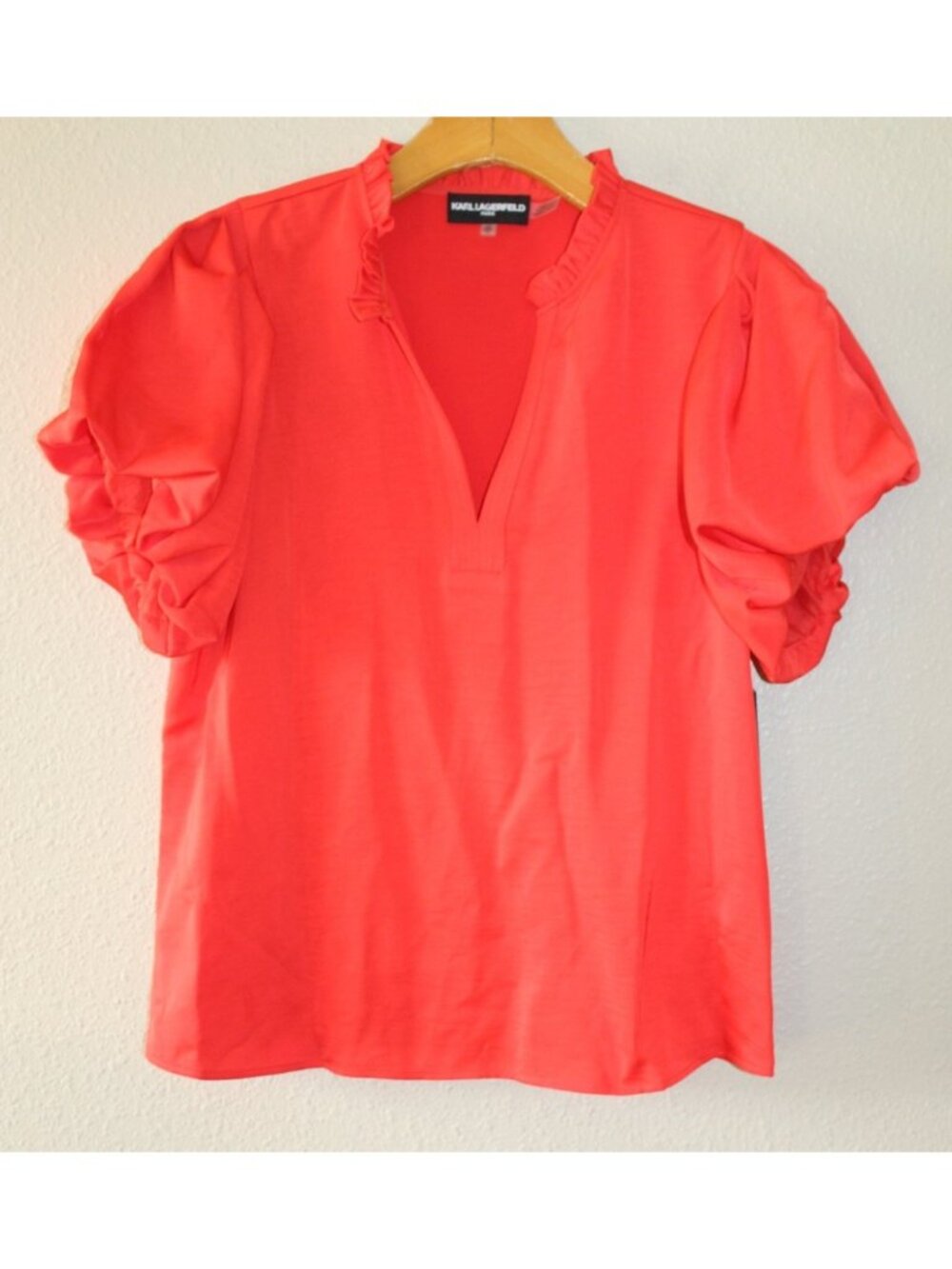 Karl Lagerfeld Paris Women's Red V-Neck Puff-Sleeve Blouse Size XS NWT